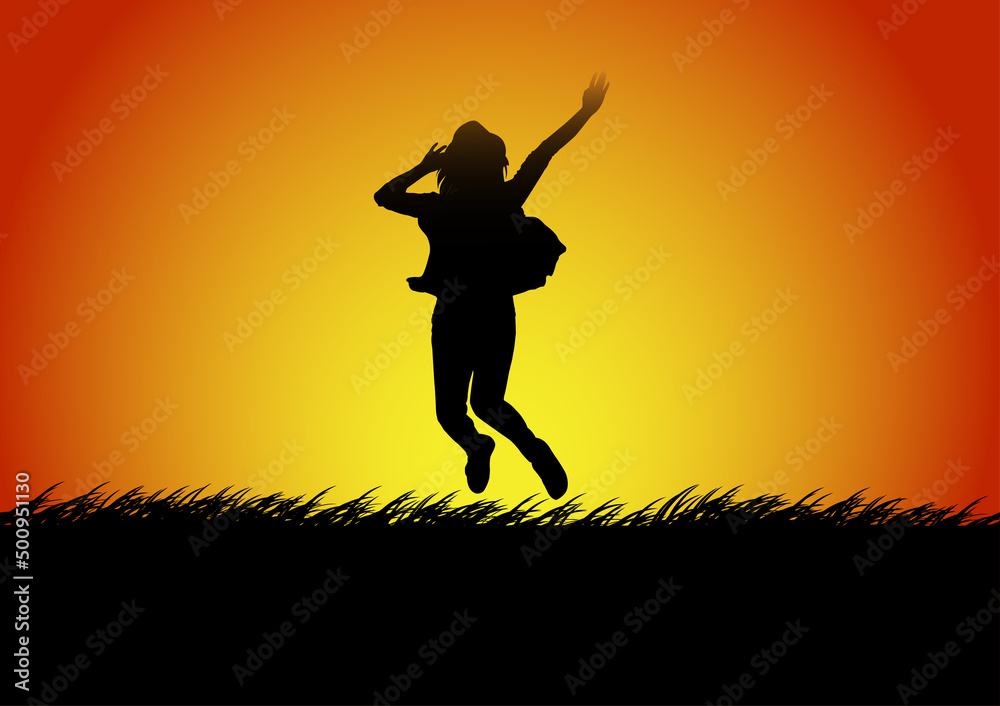 Silhouettes happy jumping women with the light of sunset  background, vector illustration