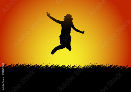 Silhouettes happy jumping women with the light of sunset  background, vector illustration © piyaphunjun