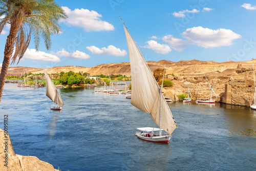 Sailboats of the Nile, famous view of Aswan city, Egypt