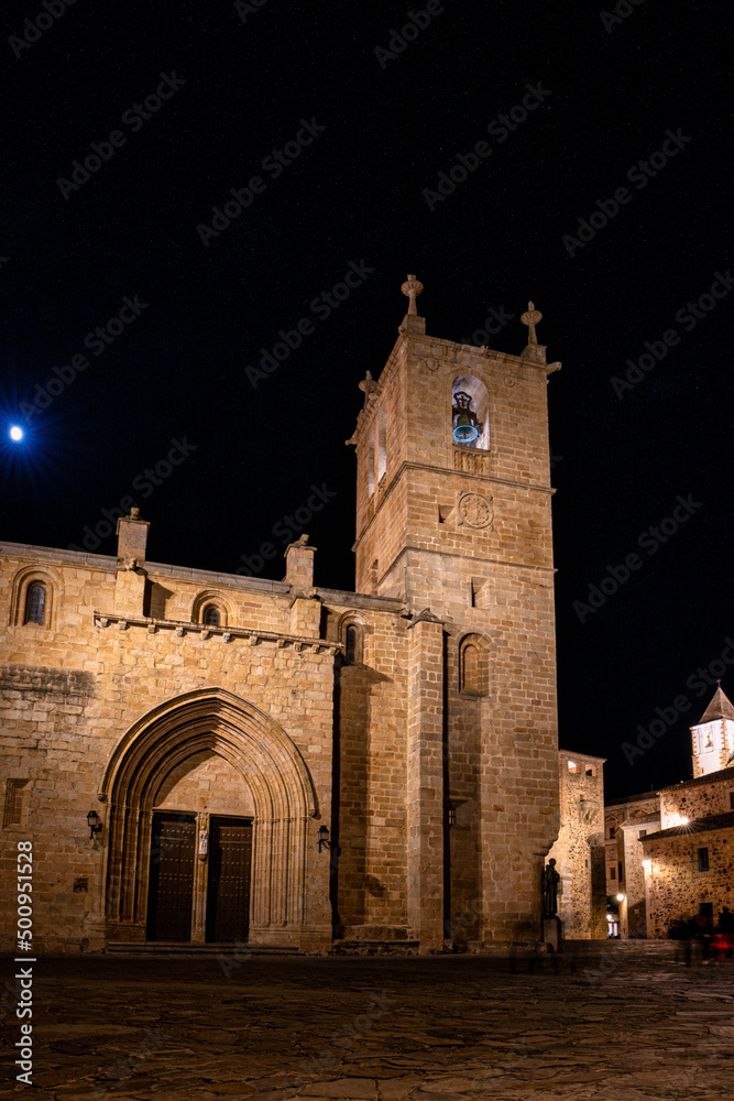 Cathedral of Santa Maria de la Asuncion at night in Caceres, Extremadura, Spain