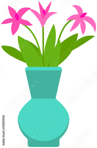 Cute romantic bouquet in vase. Beautiful spring pink flowers. House interior decoration element. Flower buds with leaves in glass vase. Decorative flowerpot with bouquet vector illustration