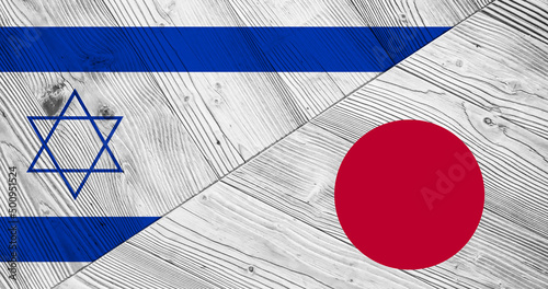 Background with Israel and Japan flag on divided wooden board. 3d illustration