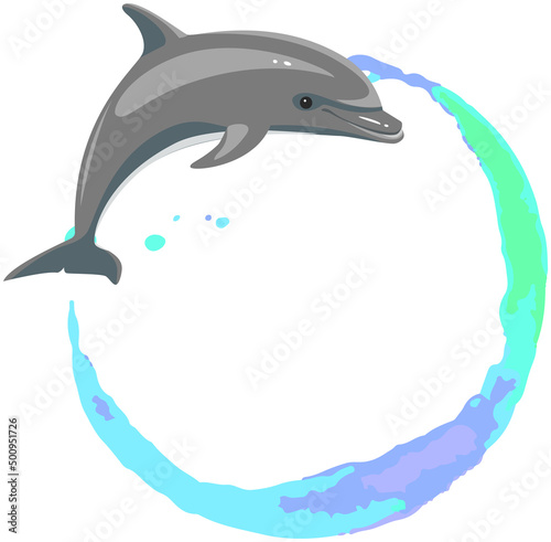 Watercolor stain, splashes and drops. High quality abstract shapes and stamps. Ink, paint or other liquid stain and marine mammal vector illustration. Dolphin jumping on colorful background