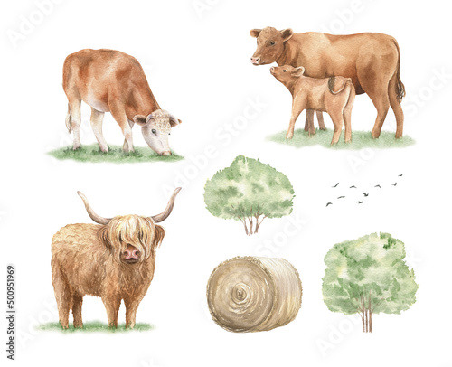 Print op canvas Watercolor farm animals clipart set