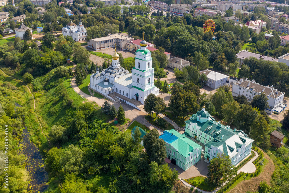 Obraz premium Drone view of Troitsky cathedral (Holy Trinity cathedral, 1674-1676) on sunny summer day. Vyazma, Smolensk Oblast, Russia.