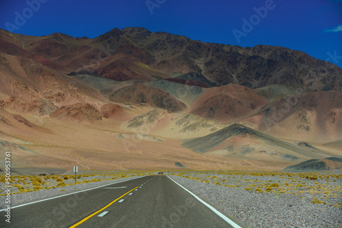 Colorful mountains on the road through remote Andean highlands to the Paso San Francisco mountain pass, on the border with Chile. Catamarca province, Argentina