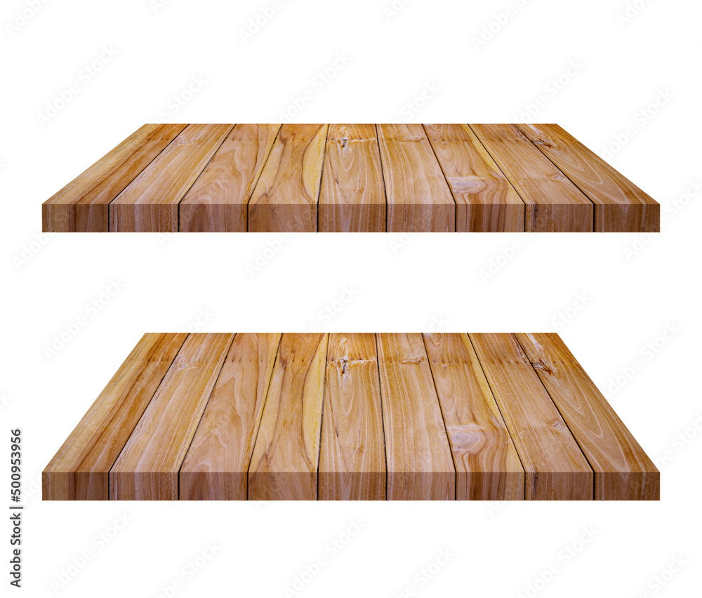 Empty brown old wooden shelf isolated on white background. for montage of your product Empty brown old wooden shelf isolated on white background. for montage of your product