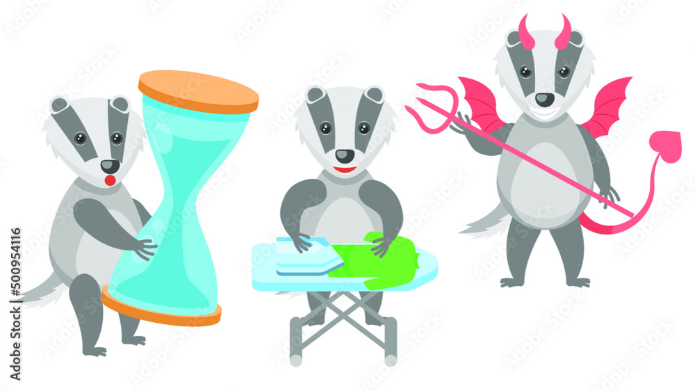 Obraz premium Set Abstract Collection Flat Cartoon Different Animal Badgers Holding An Hourglass, Ironing Clothes, Devil With Horns And Trident Vector Design Style Elements Fauna Wildlife