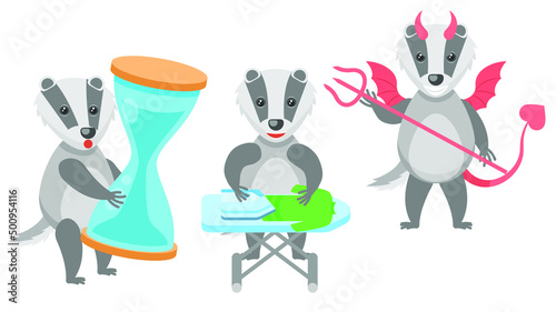 Set Abstract Collection Flat Cartoon Different Animal Badgers Holding An Hourglass, Ironing Clothes, Devil With Horns And Trident Vector Design Style Elements Fauna Wildlife © Дмитрий