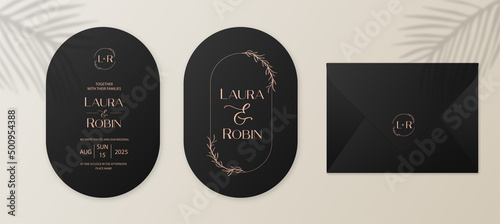 Vintage wedding invitation card set template with leaves and twigs. Double arch elegant shape. Wedding name envelope.