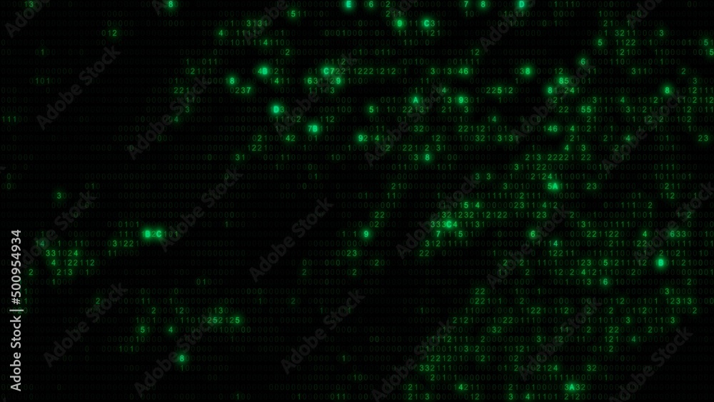 Abstract green computer hex code full-frame background. Concept binary encryption technology algorithm screen illustration for hud design and artificial intelligence machine learning design template.