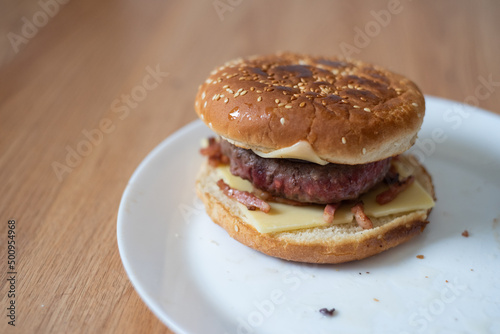 Handmade hamburger with french fries and dips made at home