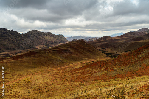 The dramatic mountain landscape of the Valle Encantado, or Enchanted Valley, Cuesta del Obispo, Salta Province, northwest Argentina