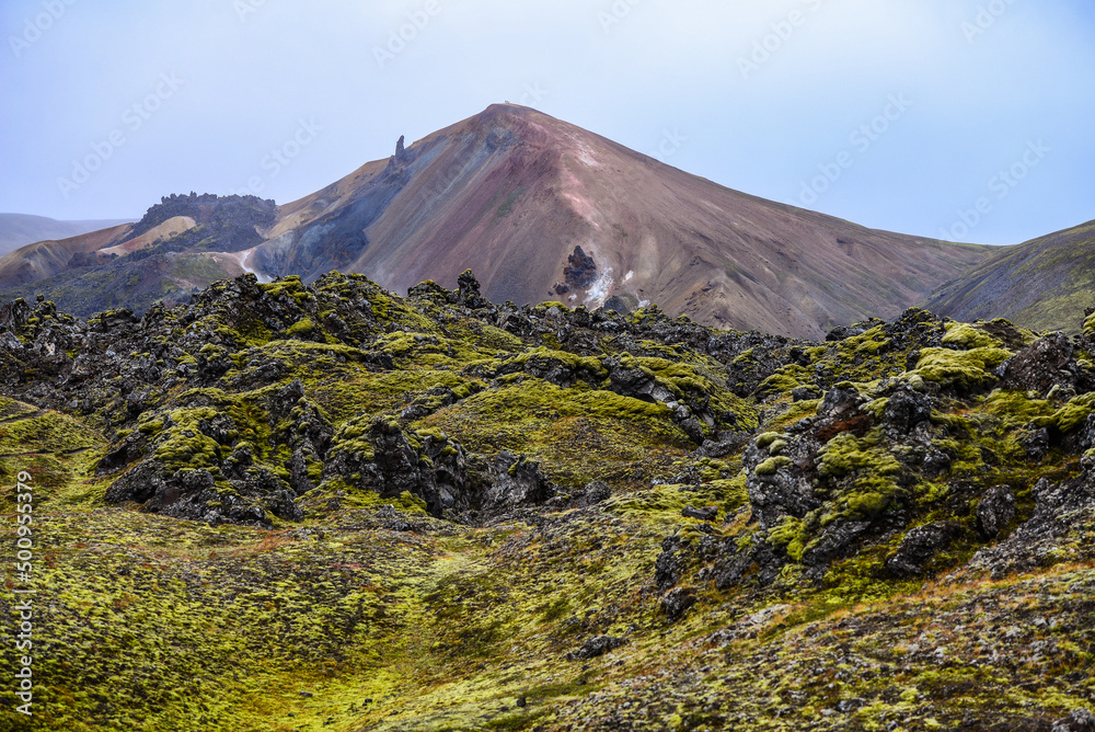 The Laugahraun lava field below Brenninsteinsalda volcano, Lanmdannalaugar, Fjallabak Nature Reserve, Iceland