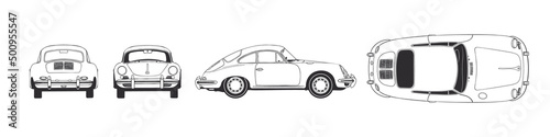 Sketch sports retro car. Hand drawn car front back top and side view. Vector image