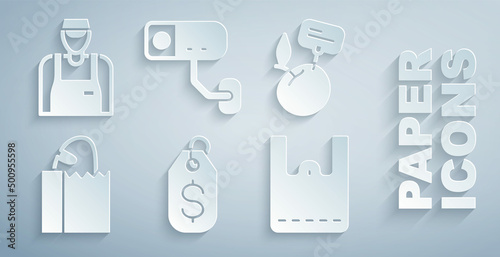 Set Price tag with dollar, Supermarket food products price label, Paper bag bread loaf, shopping, Security camera and Seller icon. Vector