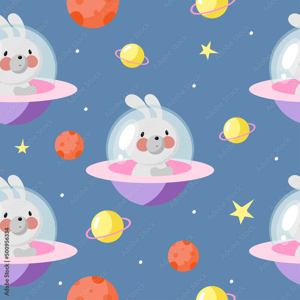 custom made wallpaper toronto digitalSeamless Pattern with Cute Rabbit in the spaceship. Vector illustration. For greeting card, posters, banners, the card, printing on the pack, printing on clothes, fabric, wallpaper.