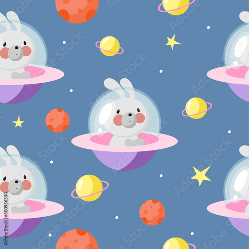 Seamless Pattern with Cute Rabbit in the spaceship. Vector illustration. For greeting card, posters, banners, the card, printing on the pack, printing on clothes, fabric, wallpaper.