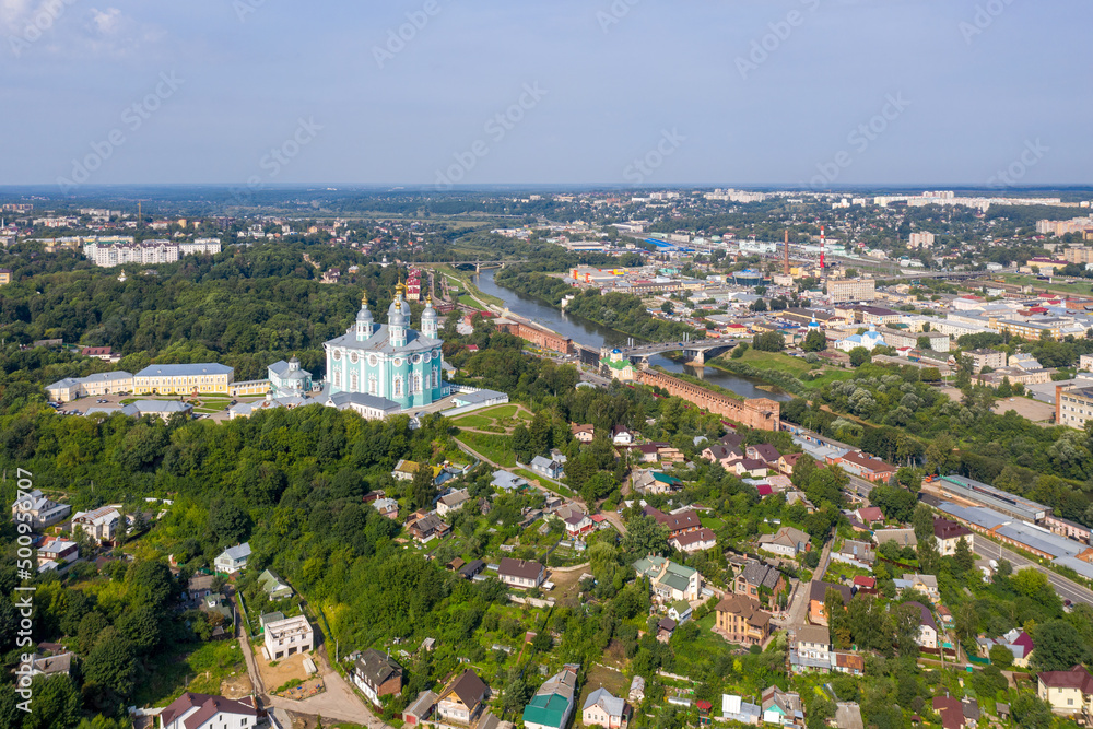 Aerial view of Smolensk and Uspensky cathedral on sunny summer day, Russia..