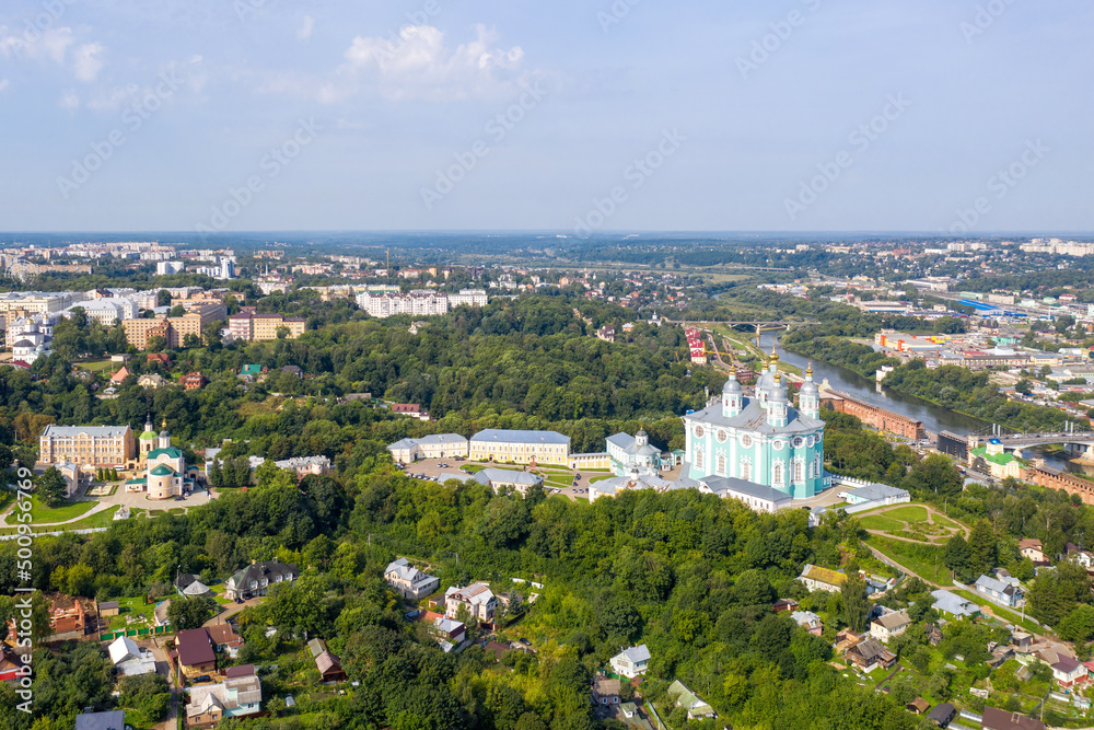 Drone view of Smolensk and Uspensky cathedral on sunny summer day, Russia.