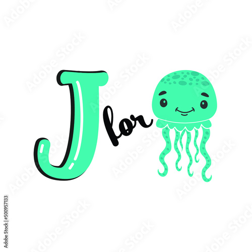 J for Jellyfish, J Letter and Jellyfish Vector Illustration, Alphabet Design For Children