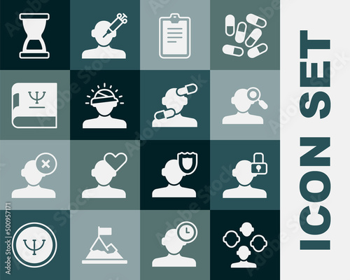 Set Schizophrenia, Closed personality, Finding problem in psychology, Psychological test, Concussion, headache, Psychology book, Old hourglass and Sedative pills icon. Vector