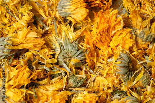 Medicinal flowers of a calendula on white background. Herbal tea. Top view. Close up. High resolution photo