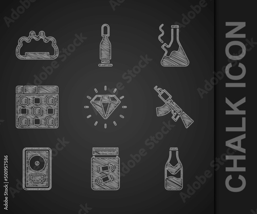 Set Diamond, Evidence bag with bullet, Beer bottle, Submachine gun, CD disk award frame, Drum music, Glass bong for smoking marijuana and Brass knuckles icon. Vector