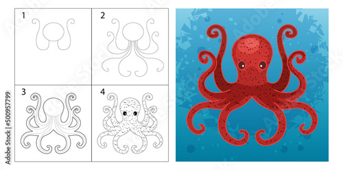 Coloring worksheet how to draw an octopus. Step-by-step tutorial, online sketch of simple shapes, coloring of an underwater animal.
Hobbies, DIY, learning illustration
