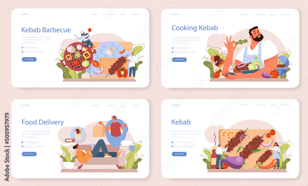 Kebab street food web banner or landing page set. Chef cooking delicious Kebab street food web banner or landing page set. Chef cooking delicious