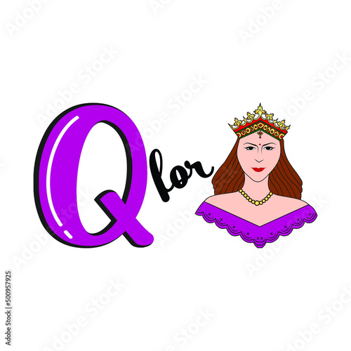 Q for Queen, Q Letter and Queen Vector Illustration, Alphabet Design For Children