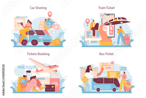 Trip booking concept set. Buying a ticket for plane, bus or train. Car sharing