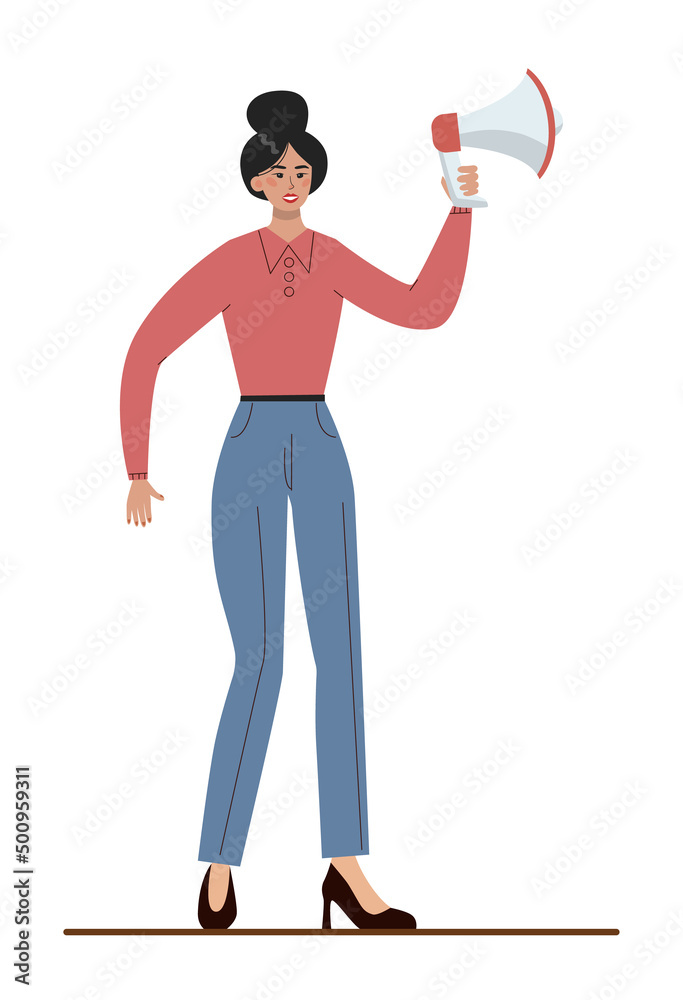 Asian businesswoman standing with megaphone. Character wearing Asian businesswoman standing with megaphone. Character wearing