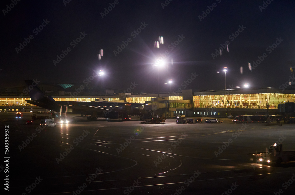 planes stand in an empty airport at night. airport lights