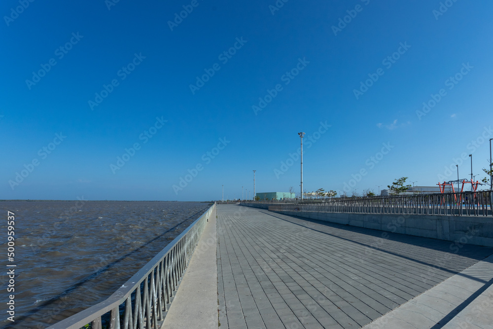 Landscape with beautiful blue sky and view of the Malecon. Barranquilla, Atlantico, Colombia. 