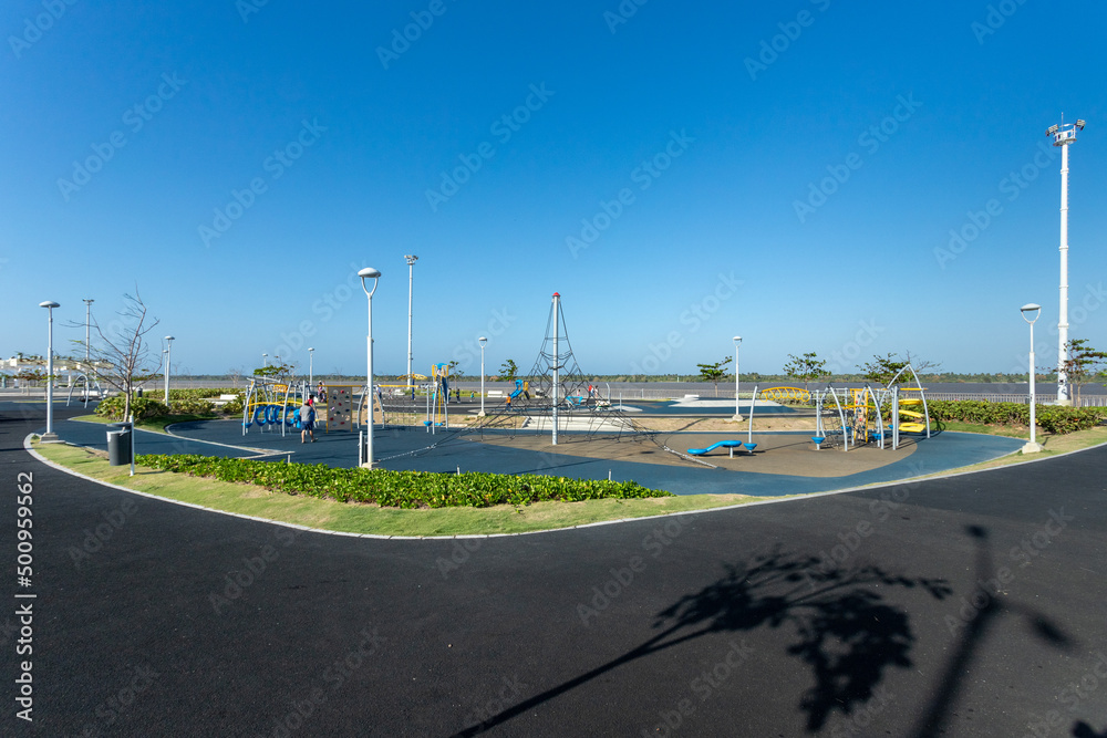 Barranquilla, Atlantico, Colombia. January 15, 2022: Sports park on the great boardwalk with blue sky.