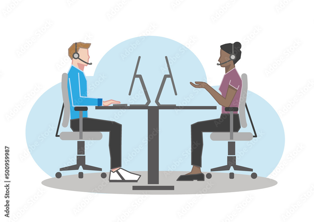 Vector illustration of two operators agents working in a call centre