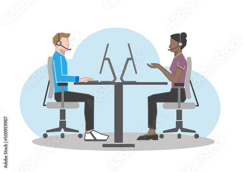 Vector illustration of two operators agents working in a call centre