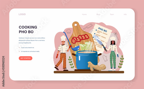Pho bo web banner or landing page. Vietnamese soup in a bowl.