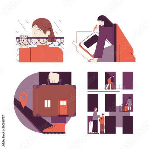Refugee concept set. Characters abandone home because of war