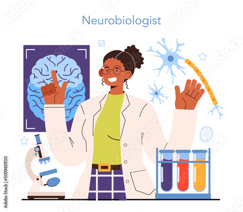 Diverse women in science concept. Female character, neurologist works with human