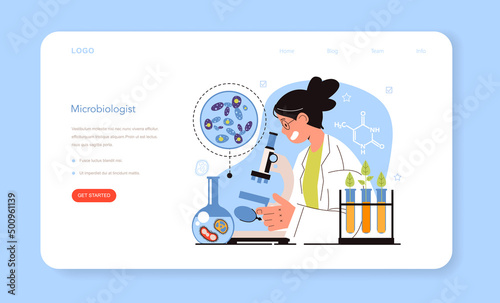 Diverse women in science web banner or landing page. Female character