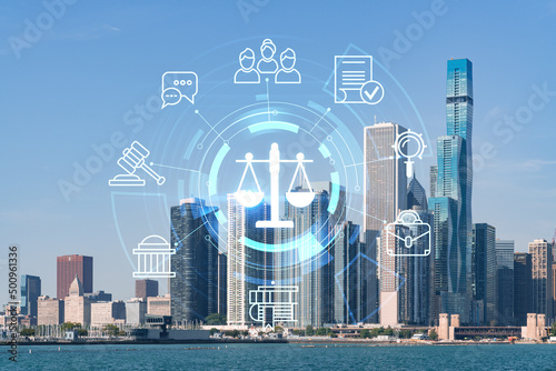 City view, downtown skyscrapers, Chicago skyline panorama, Lake Michigan, harbor area, day time, Illinois, USA. Glowing hologram legal icons. The concept of law, order, regulations and digital justice
