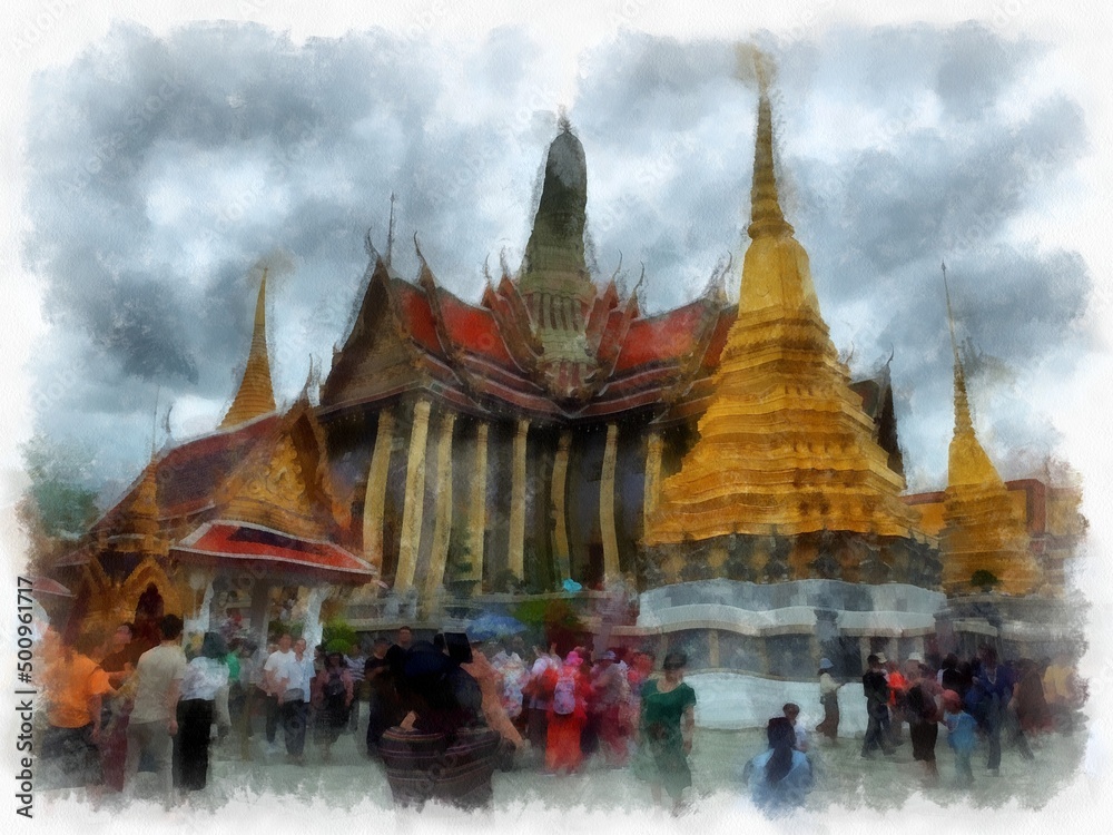 Landscape of the Grand Palace Wat Phra Kaew Bangkok Thailand watercolor style illustration impressionist painting.