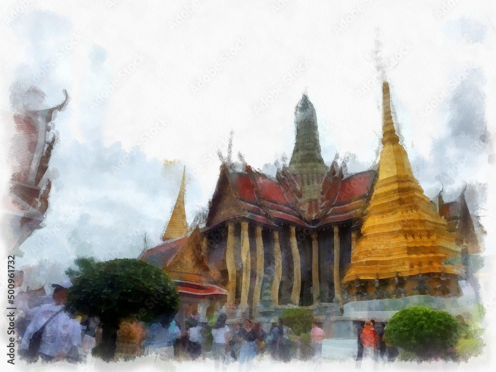 Fototapeta premium Landscape of the Grand Palace Wat Phra Kaew Bangkok Thailand watercolor style illustration impressionist painting.