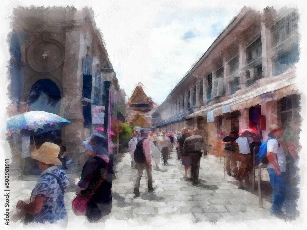 Obraz premium Landscape of the Grand Palace Wat Phra Kaew Bangkok Thailand watercolor style illustration impressionist painting.