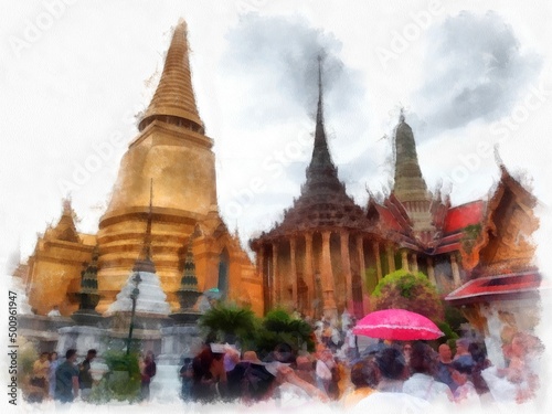 Landscape of the Grand Palace Wat Phra Kaew Bangkok Thailand watercolor style illustration impressionist painting. © Kittipong