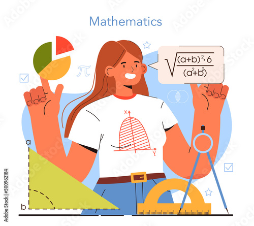 Diverse women in science. Female mathematician use scientific formulas