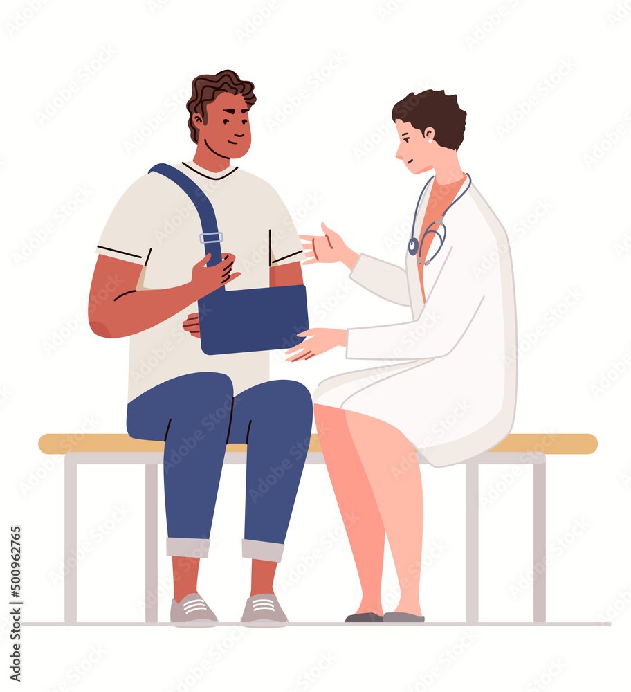 Male patient on examination by doctor with hand injury fixed with bandage. Man with broken arm in traumatology. Colored flat cartoon. Vector characters. Male patient on examination by doctor with hand injury fixed with bandage. Man with broken arm in traumatology. Colored flat cartoon. Vector characters.