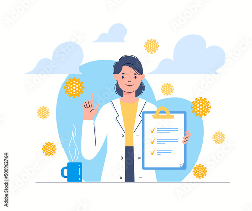 Smiling female doctor in lab coat with list of recommendations, instructions, tips in her hands on blue background. Flat vector illustration.